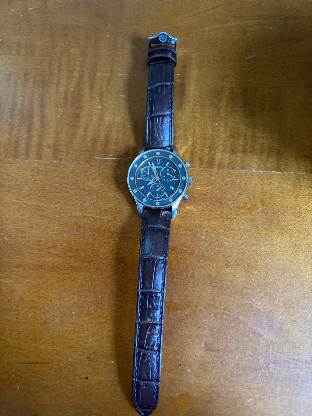 Bulova Silver Case Watch With Dark Brown Leather Strap